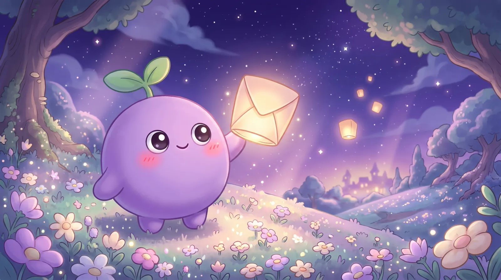 The dreamling releasing a glowing envelope that floats up like a lantern into the starry sky