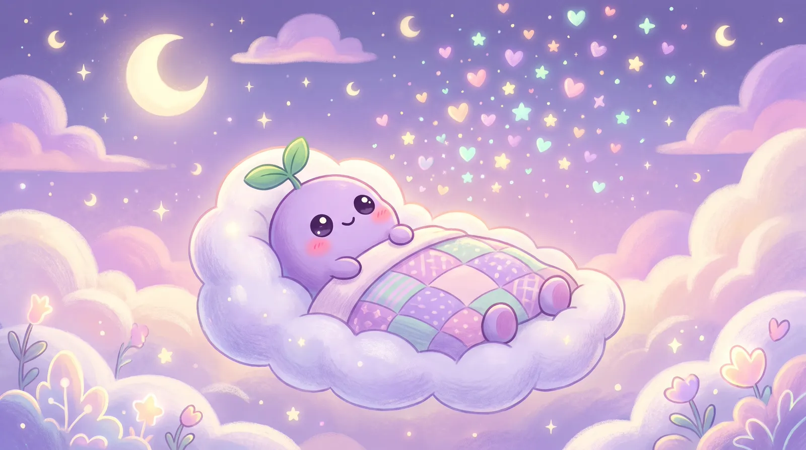 The dreamling asleep in a cozy bed floating on clouds under a crescent moon, dreams drifting above