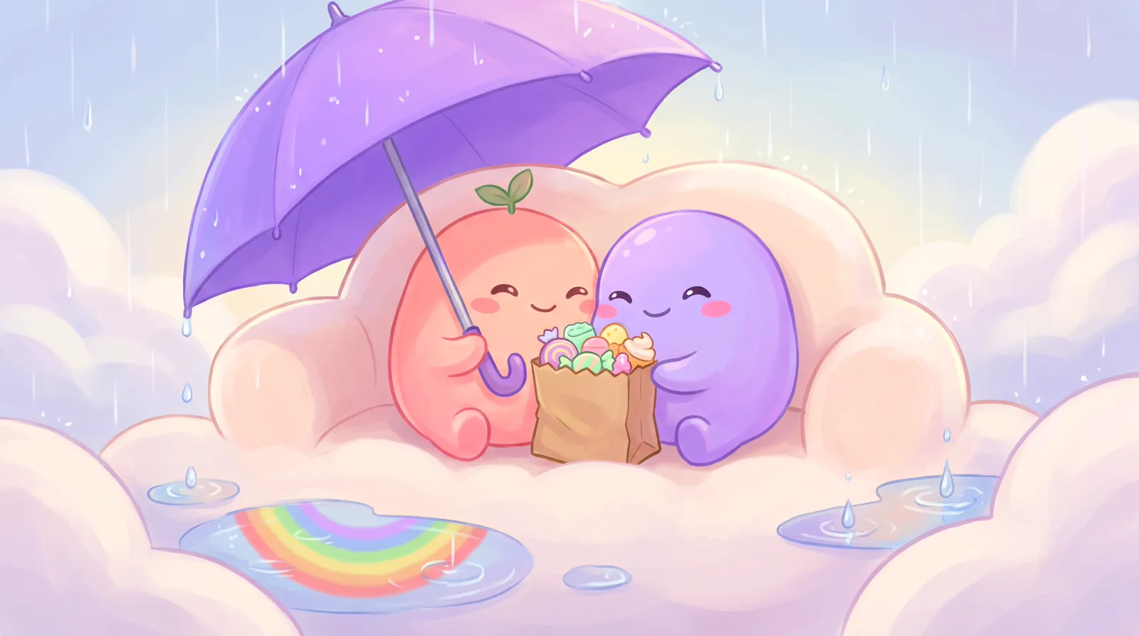 Two dreamlings sharing an umbrella on a cloud bench in the rain