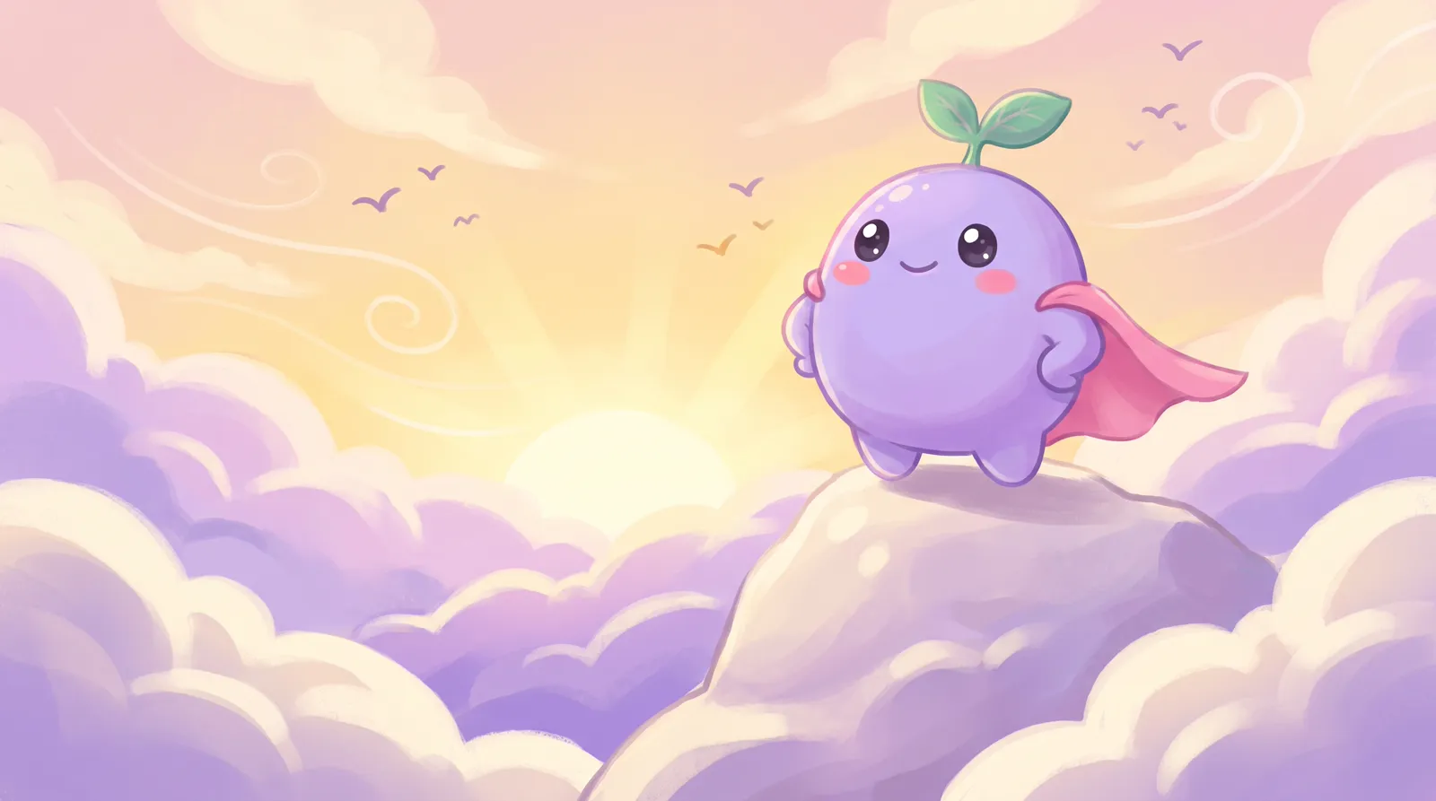 The dreamling standing tall on a cloud rock at sunrise with a short cape in the wind