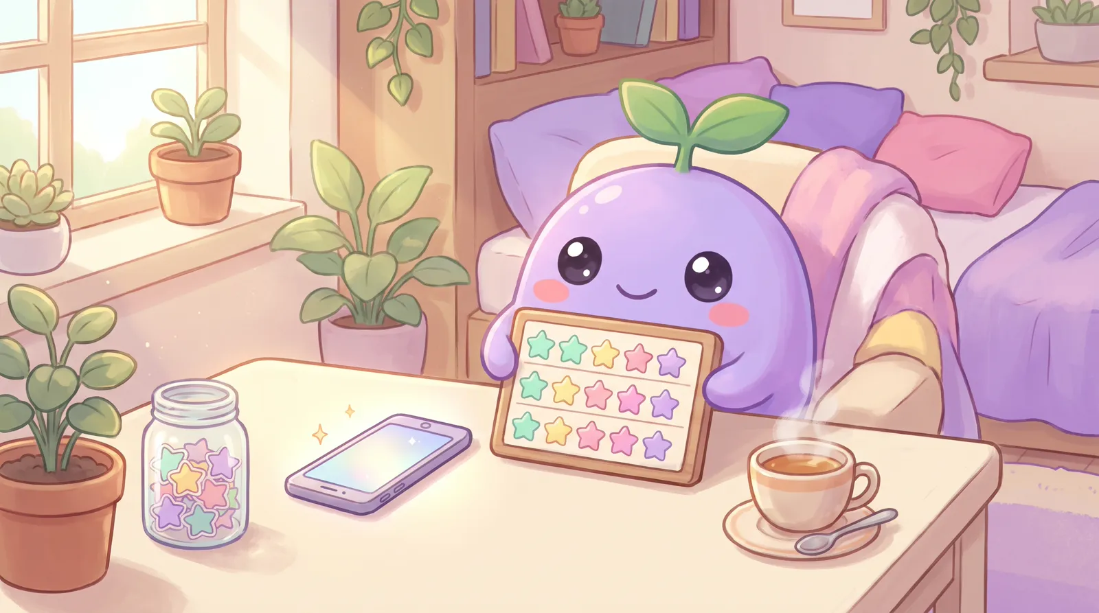 The dreamling holding up a chart of star stamps beside a glowing phone