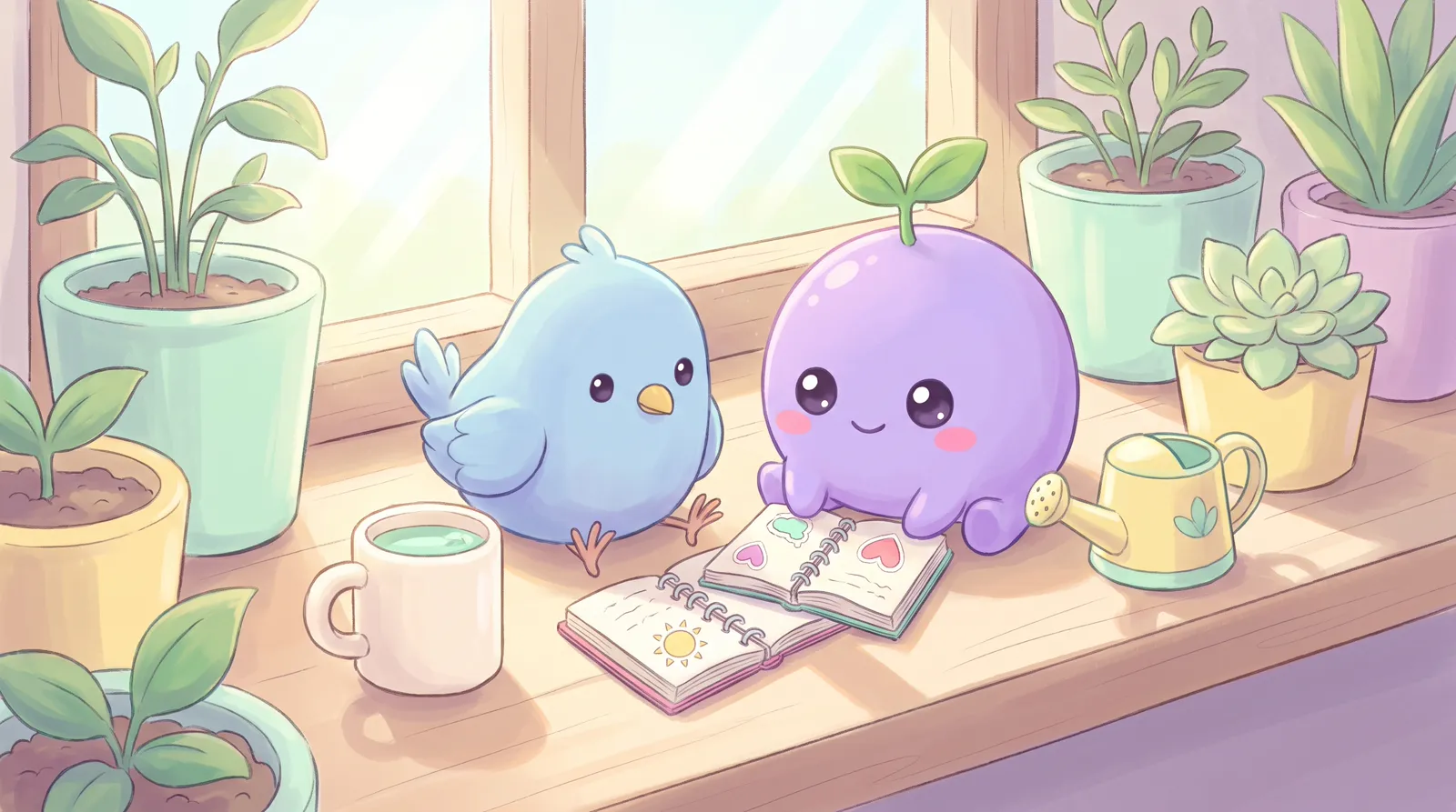 The dreamling and a little blue bird on a sunny windowsill comparing two tiny notebooks