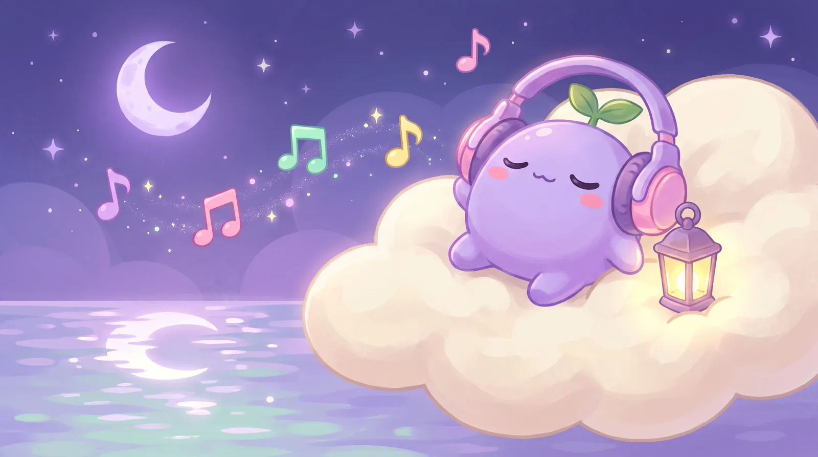 The dreamling lying on a cloud at night with headphones on, a calm sea below