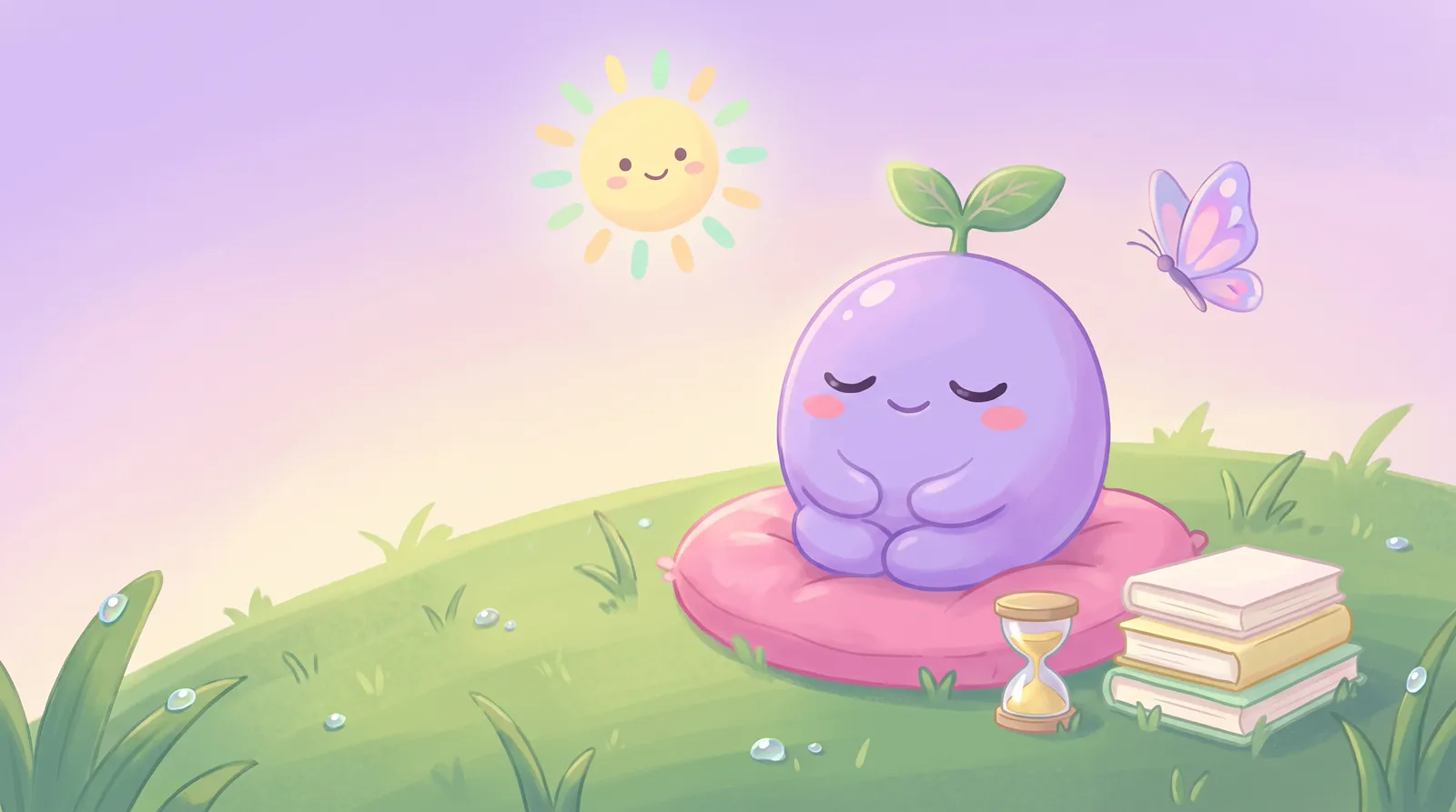 The dreamling sitting on a cushion on a sunny hill with an hourglass and three books