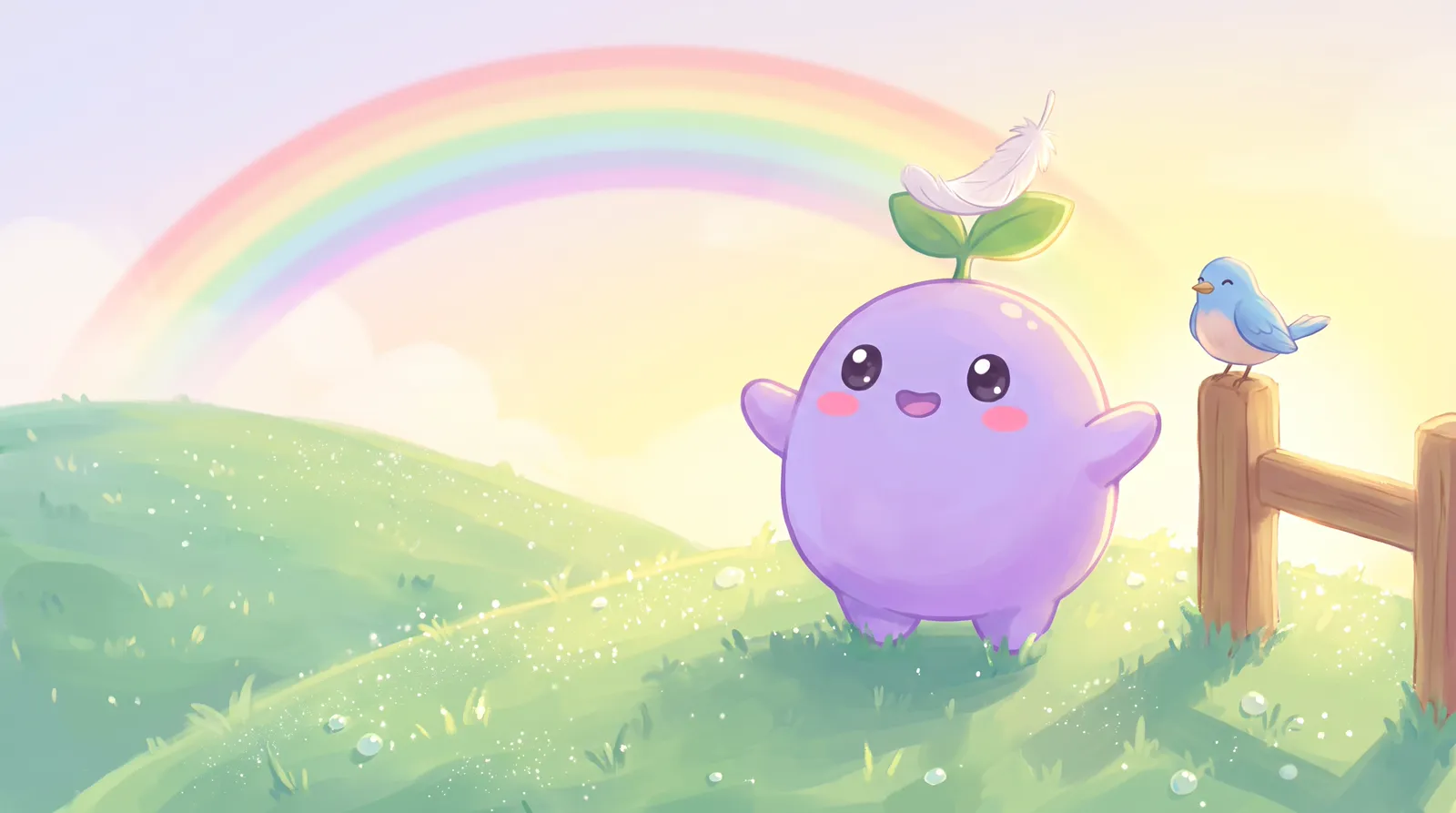 The dreamling on a sunrise hill as a white feather lands on its head, a rainbow behind