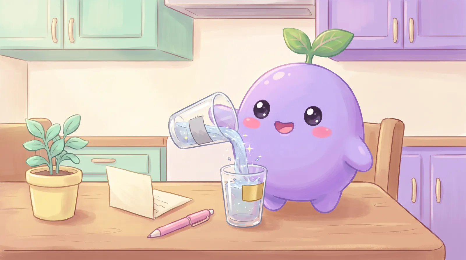 The dreamling pouring water from a glass with a grey label into a glass with a golden label
