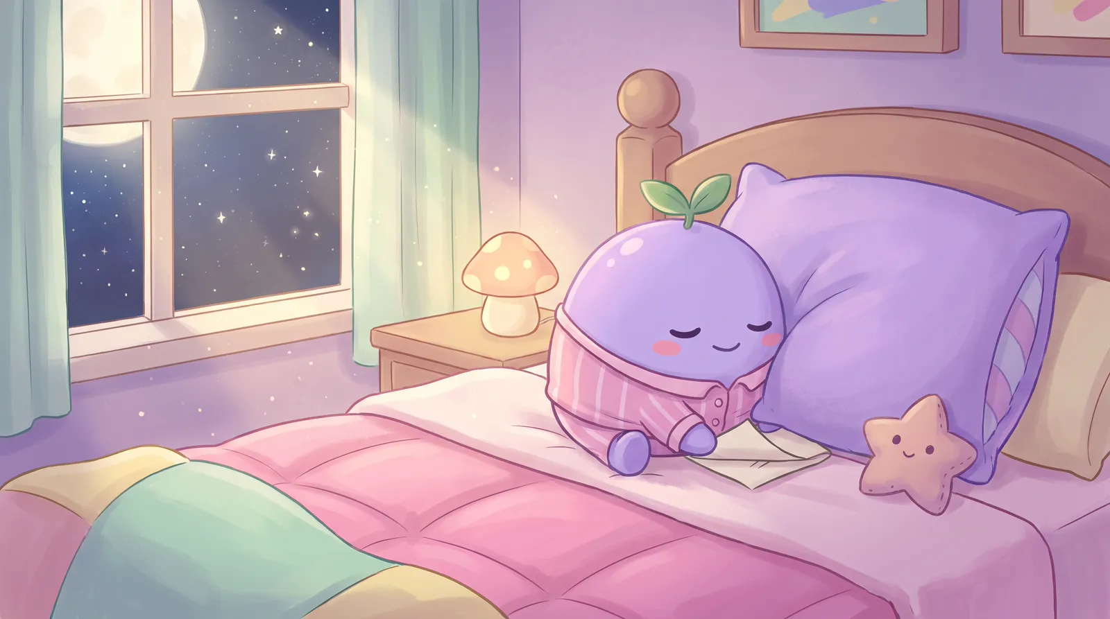 The dreamling in pajamas tucking a folded note under a big pillow in the moonlight