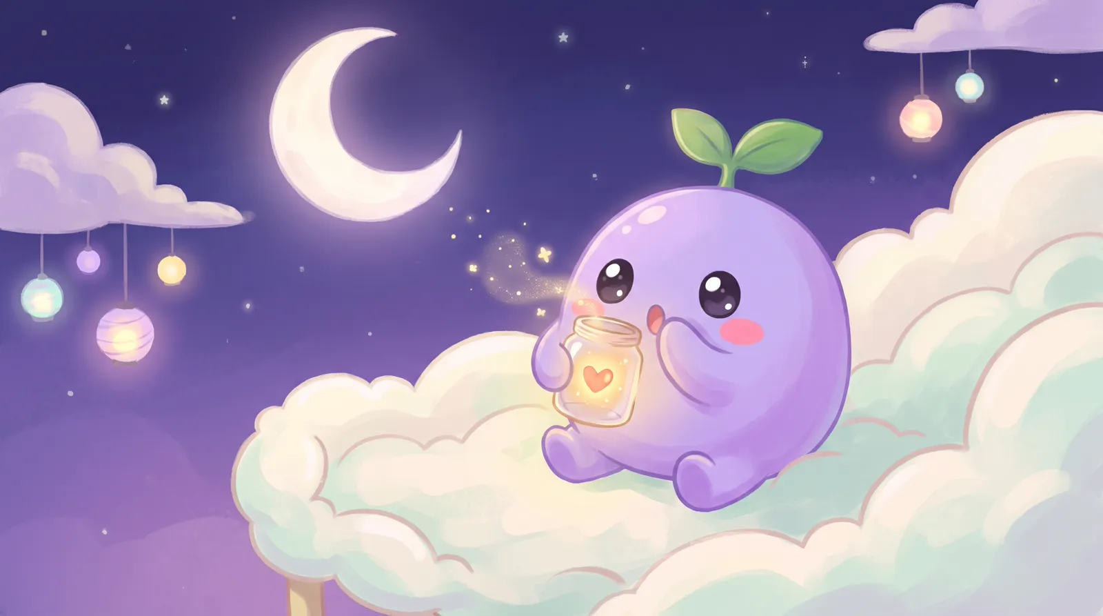 The dreamling whispering into a small glowing jar at night
