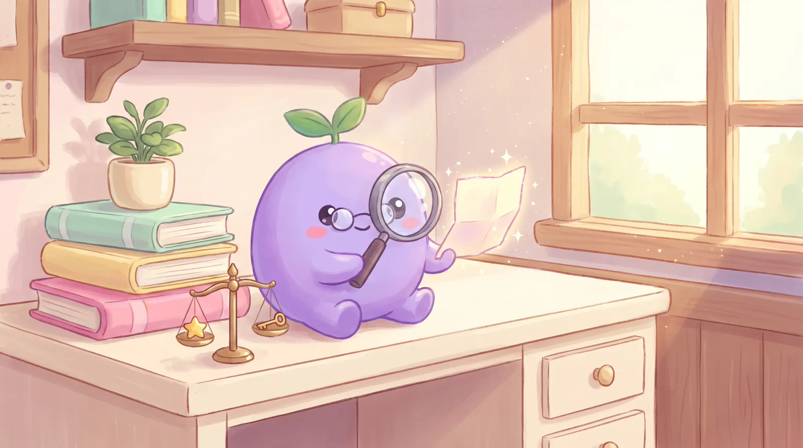 The dreamling with round glasses holding a magnifying glass over a glowing wish note, a tiny balance scale beside it