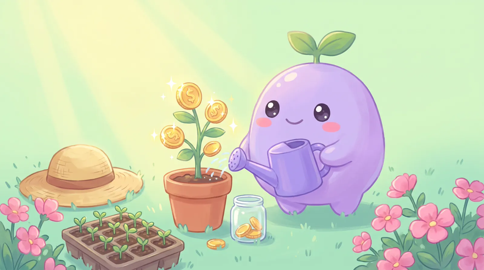 The dreamling watering a small plant whose leaves are golden coins, a jar of coins beside it