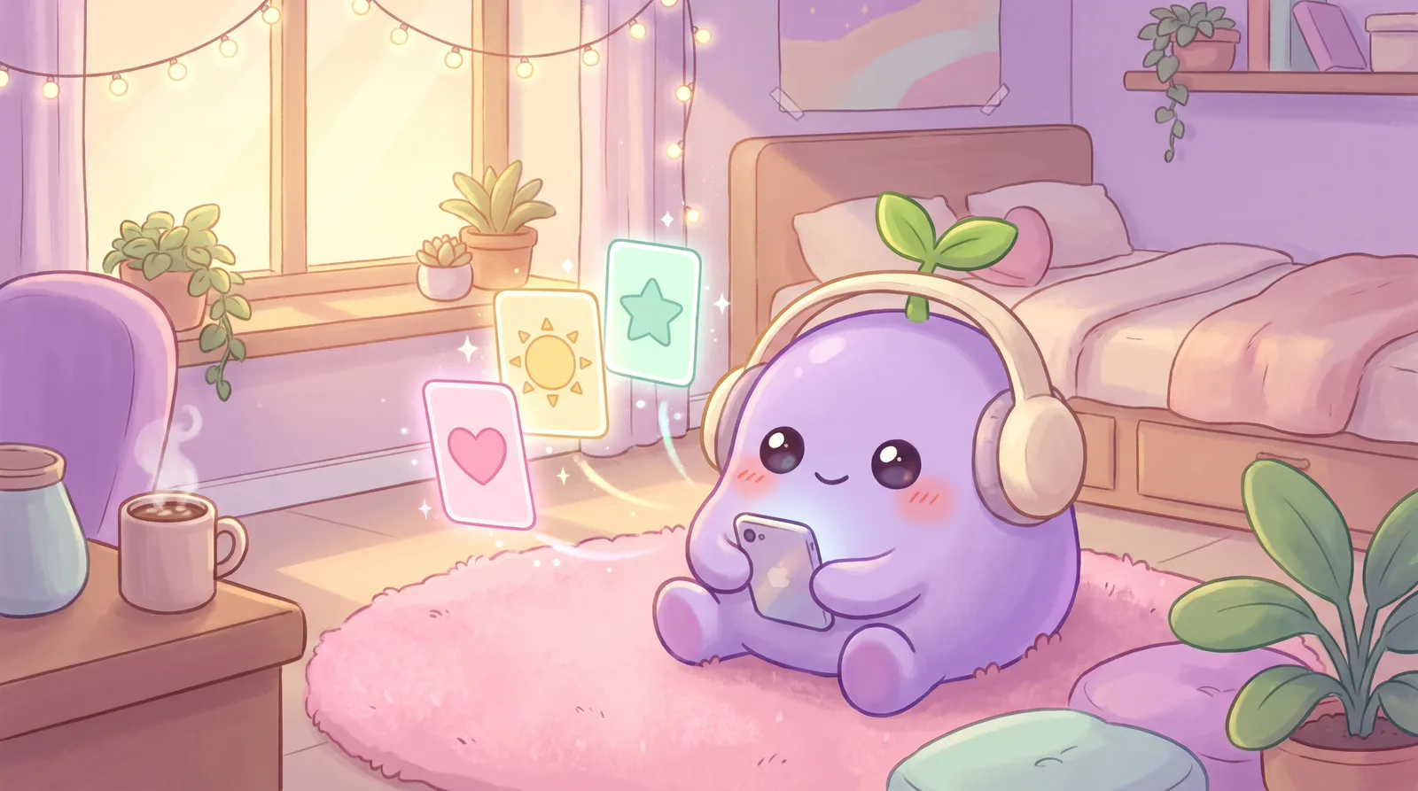 The dreamling on a pink rug with headphones, three glowing cards with a heart, a sun and a star floating in front of it