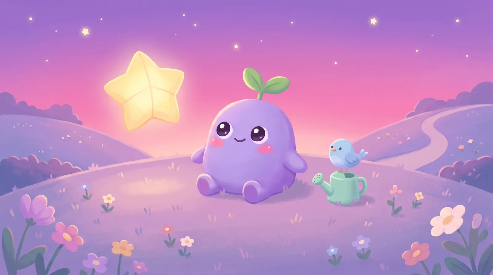 The dreamling on a hill at dusk between a glowing star lantern and a small blue bird on a watering can