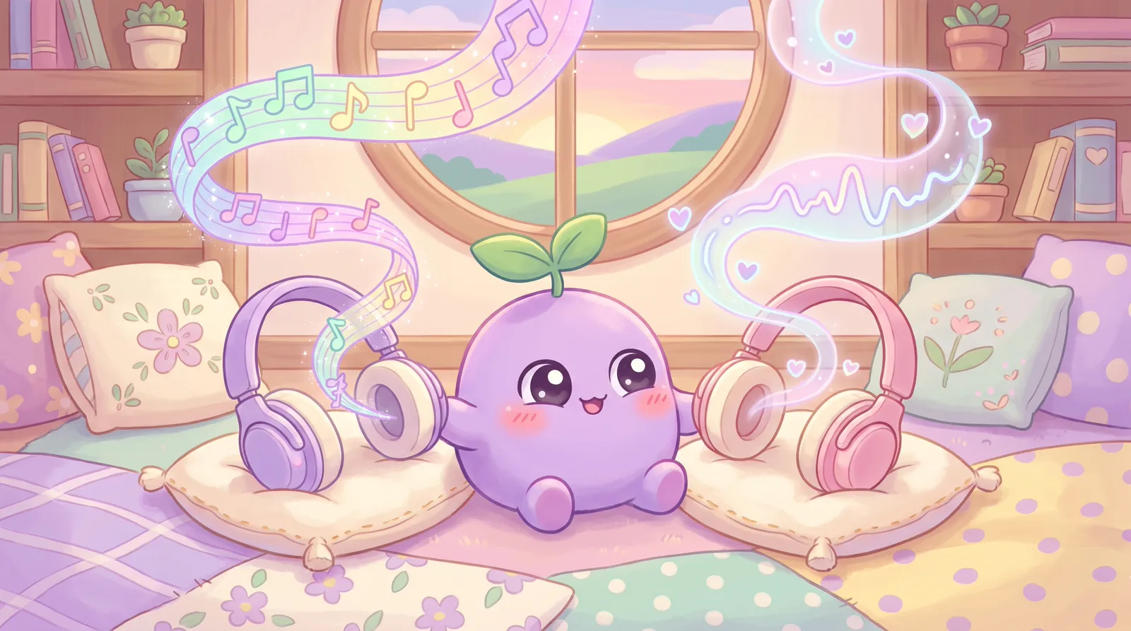 The dreamling between two pairs of headphones, one sending out music notes and one sending out its own voice