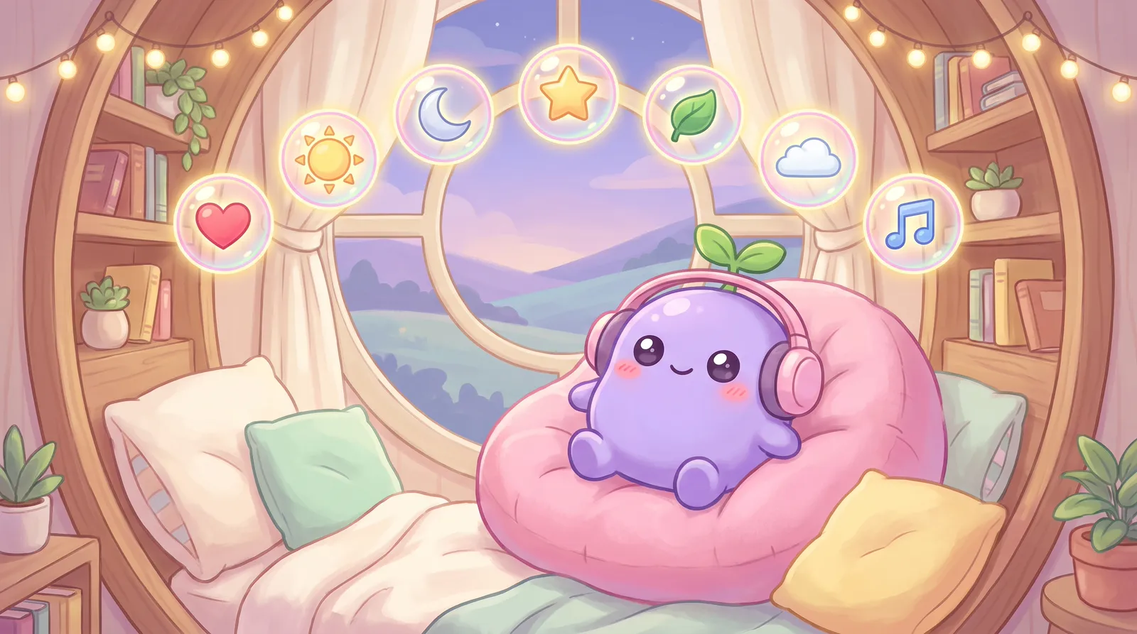 The dreamling in a pink bean bag with headphones, seven glowing bubbles with little icons floating around it