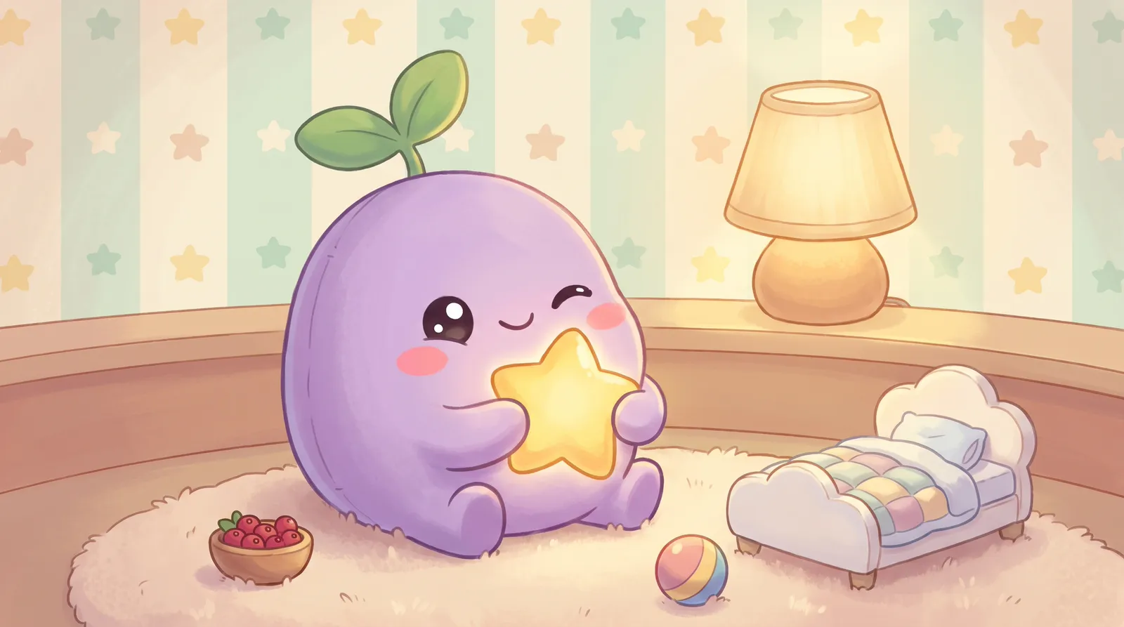 The dreamling hugging a small glowing wish star next to its food bowl and tiny bed