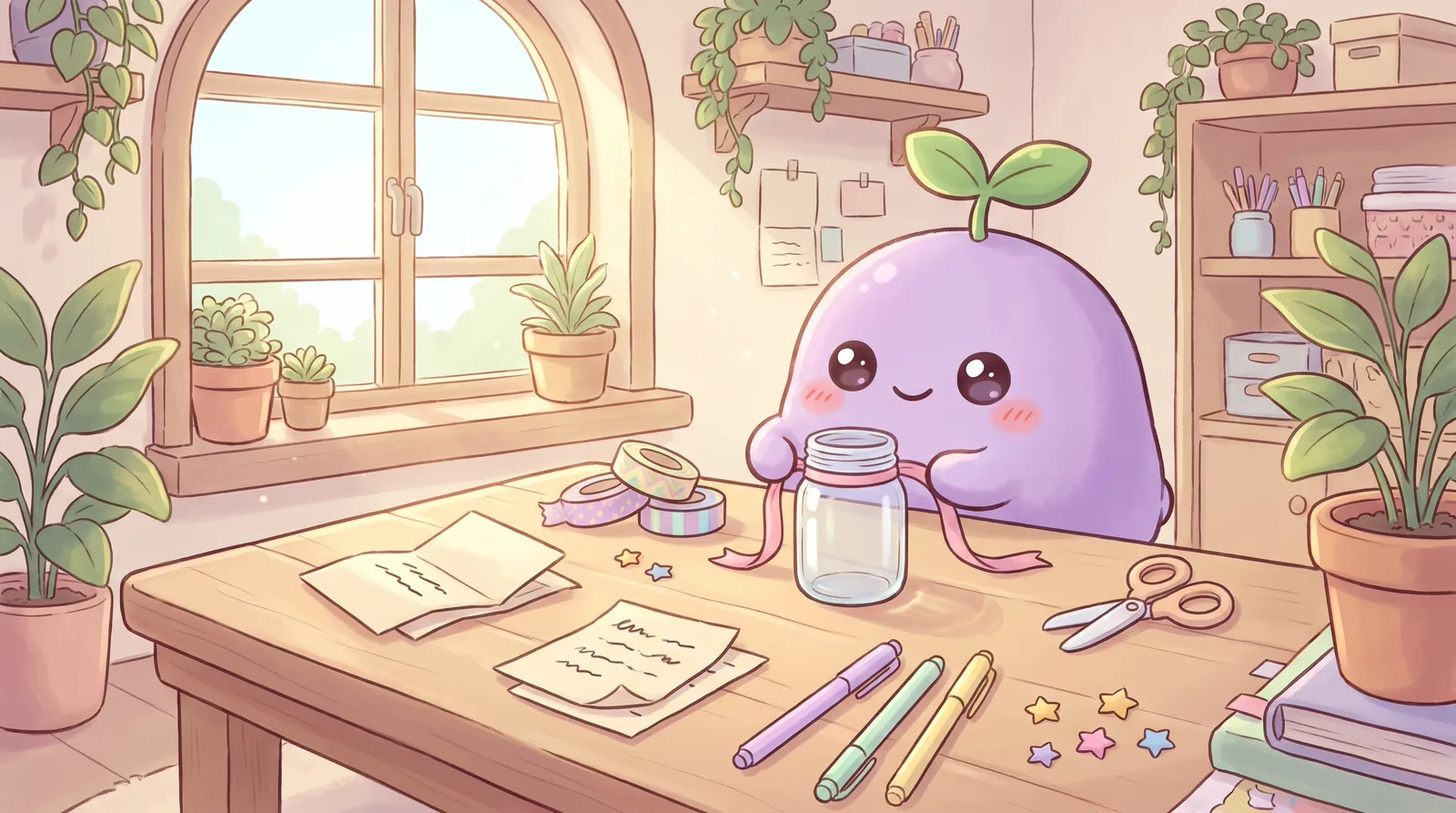 The dreamling decorating a glass jar with a pink ribbon at a sunny craft table full of folded notes