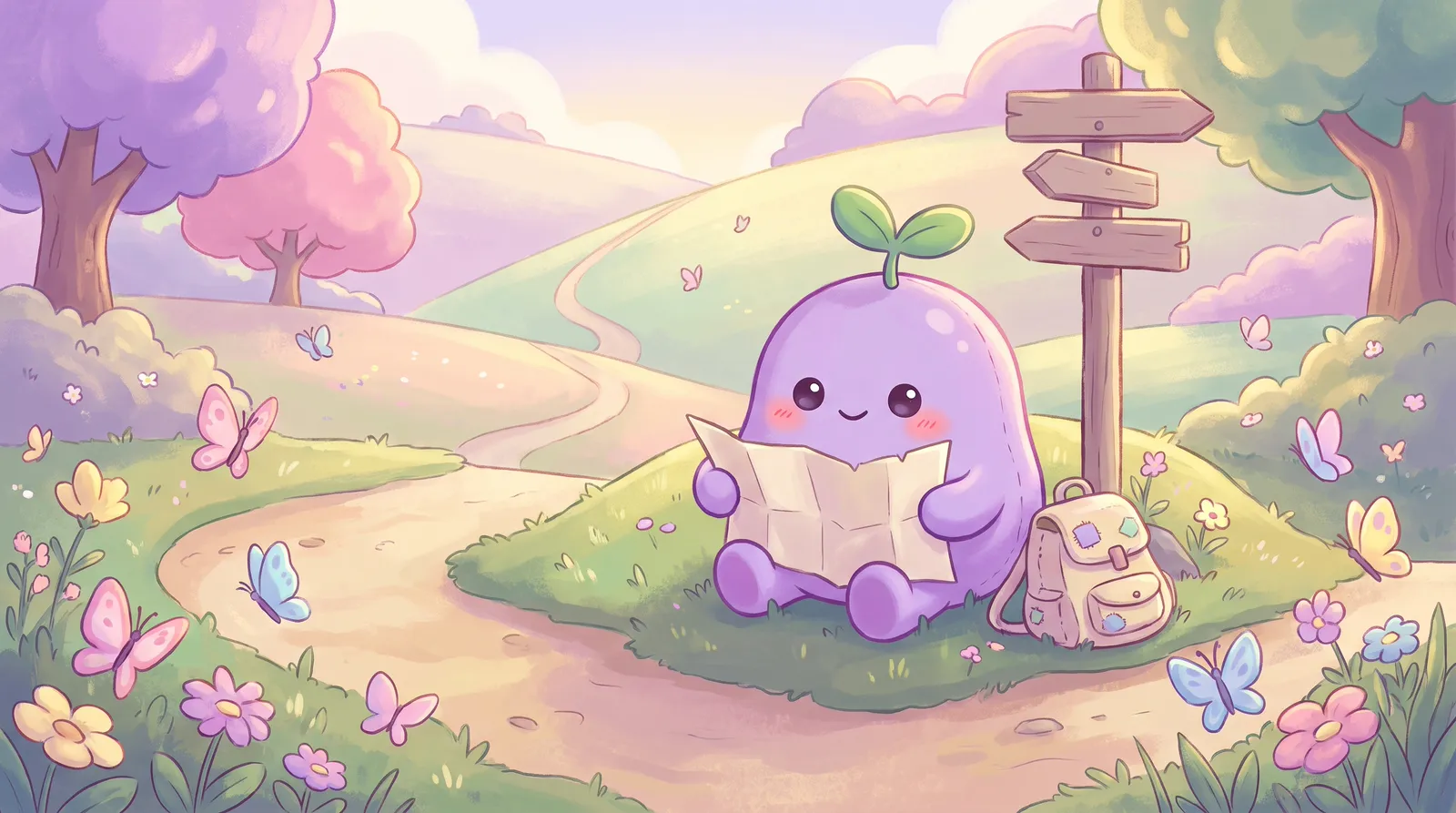 The dreamling at a fork in a path holding a big map upside down, puzzled but smiling