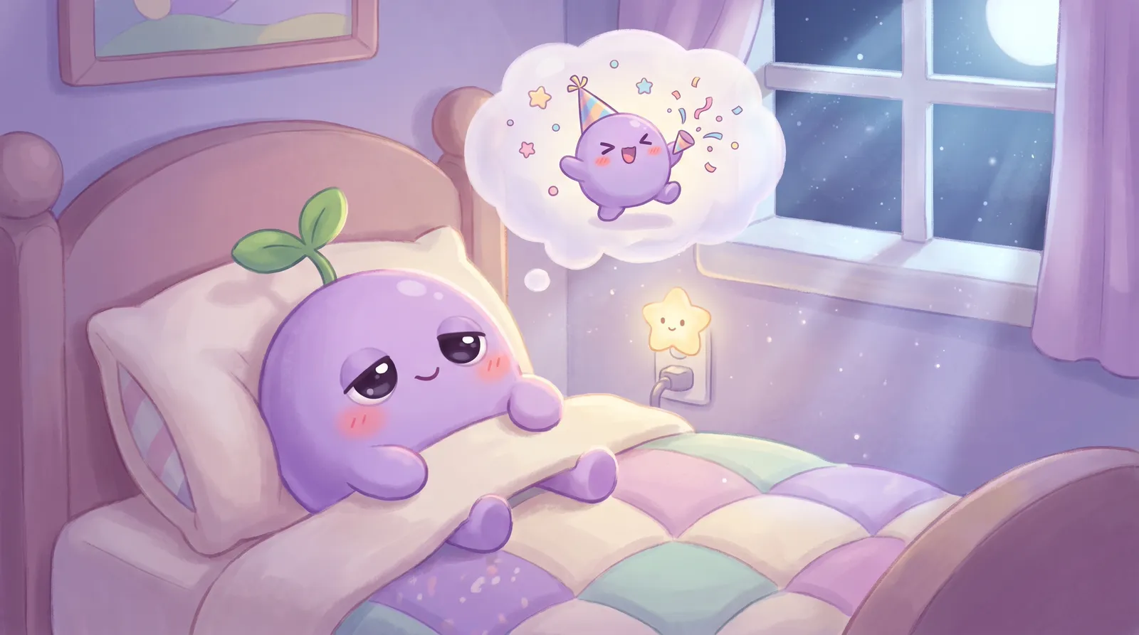 The dreamling drowsy in bed, a dream bubble above it showing a tiny version of itself celebrating