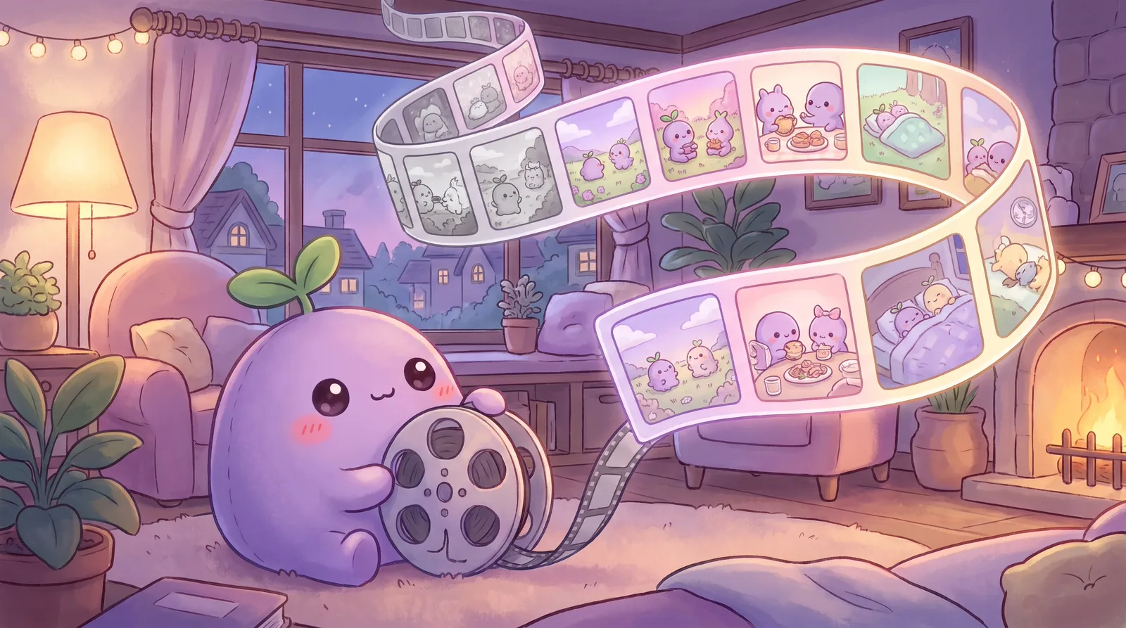 The dreamling rewinding a big film reel, pastel memory frames floating out and turning colourful