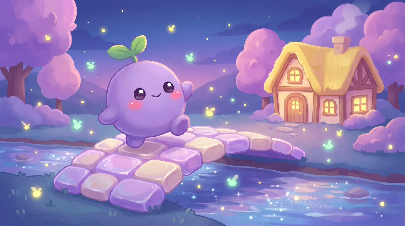 The dreamling crossing a small bridge of glowing stepping stones toward a warm lit cottage at dusk