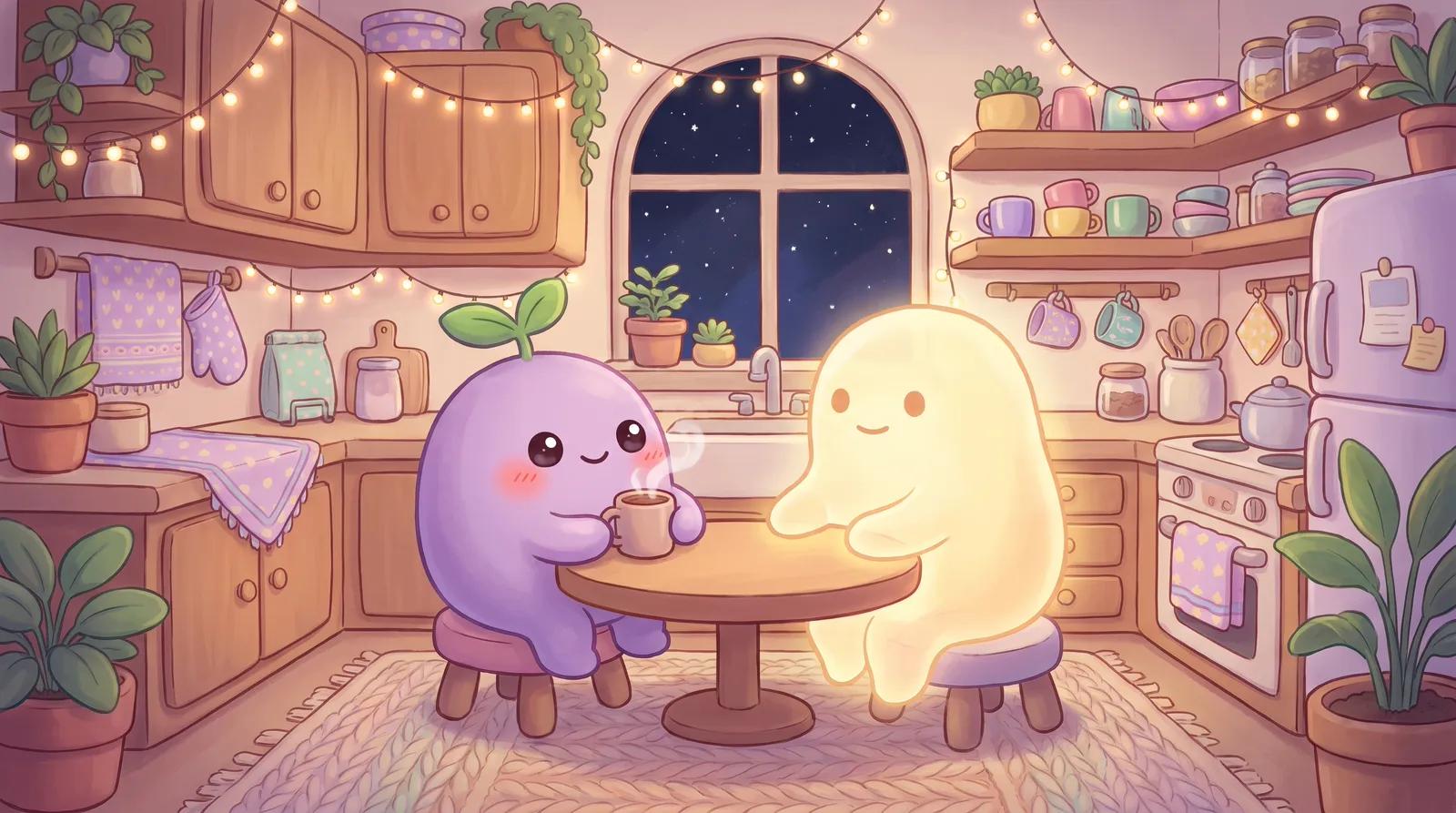 The dreamling with a mug of cocoa, chatting happily with a soft glowing friend made of light across a small table