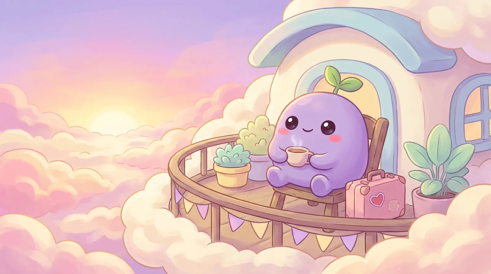 The dreamling on the balcony of a little cloud house at dawn with a cup of tea, a packed suitcase beside it