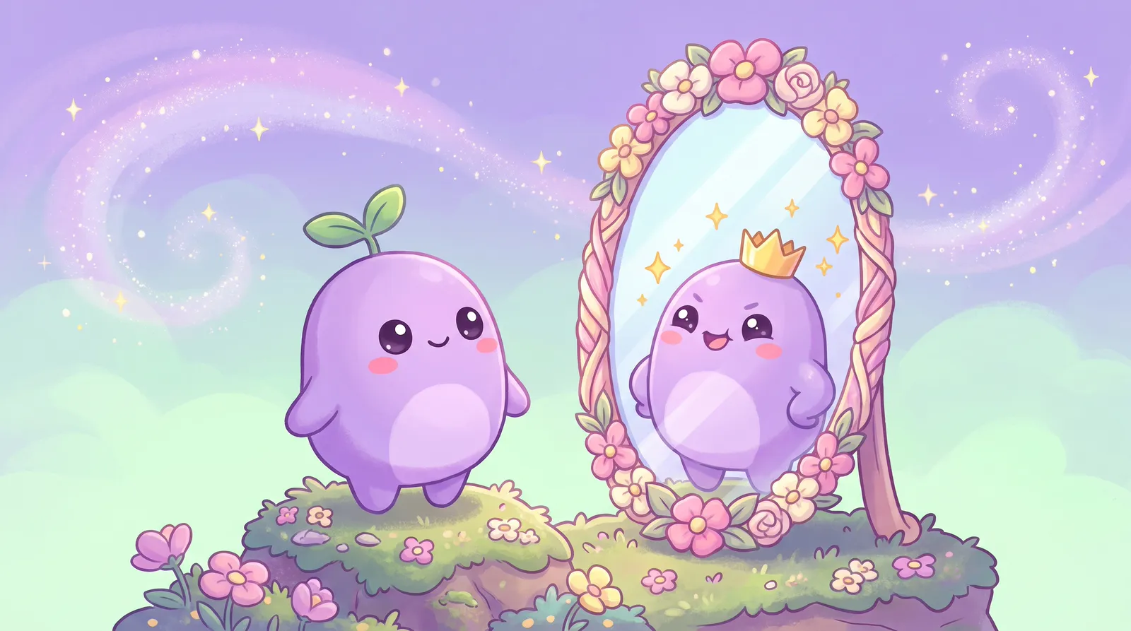 The dreamling looking into a flower-framed mirror where its reflection wears a tiny golden crown