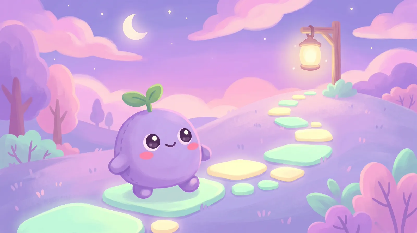 The dreamling walking a winding path of glowing stepping stones toward a lantern on a hilltop at dusk
