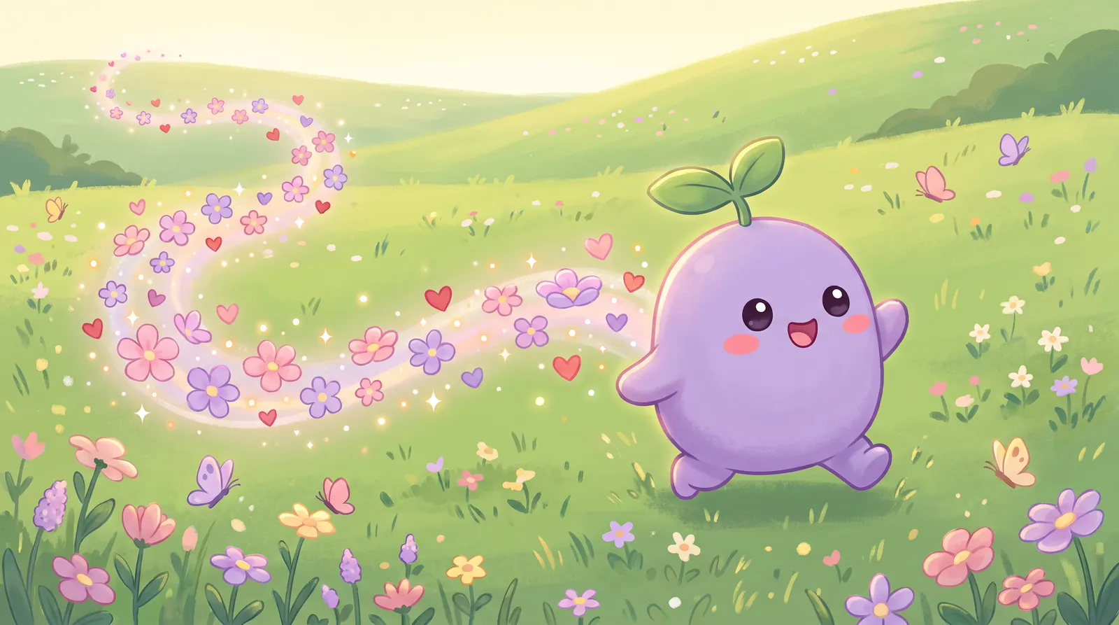 The dreamling running through a sunny meadow with a rolling wave of flowers and hearts behind it
