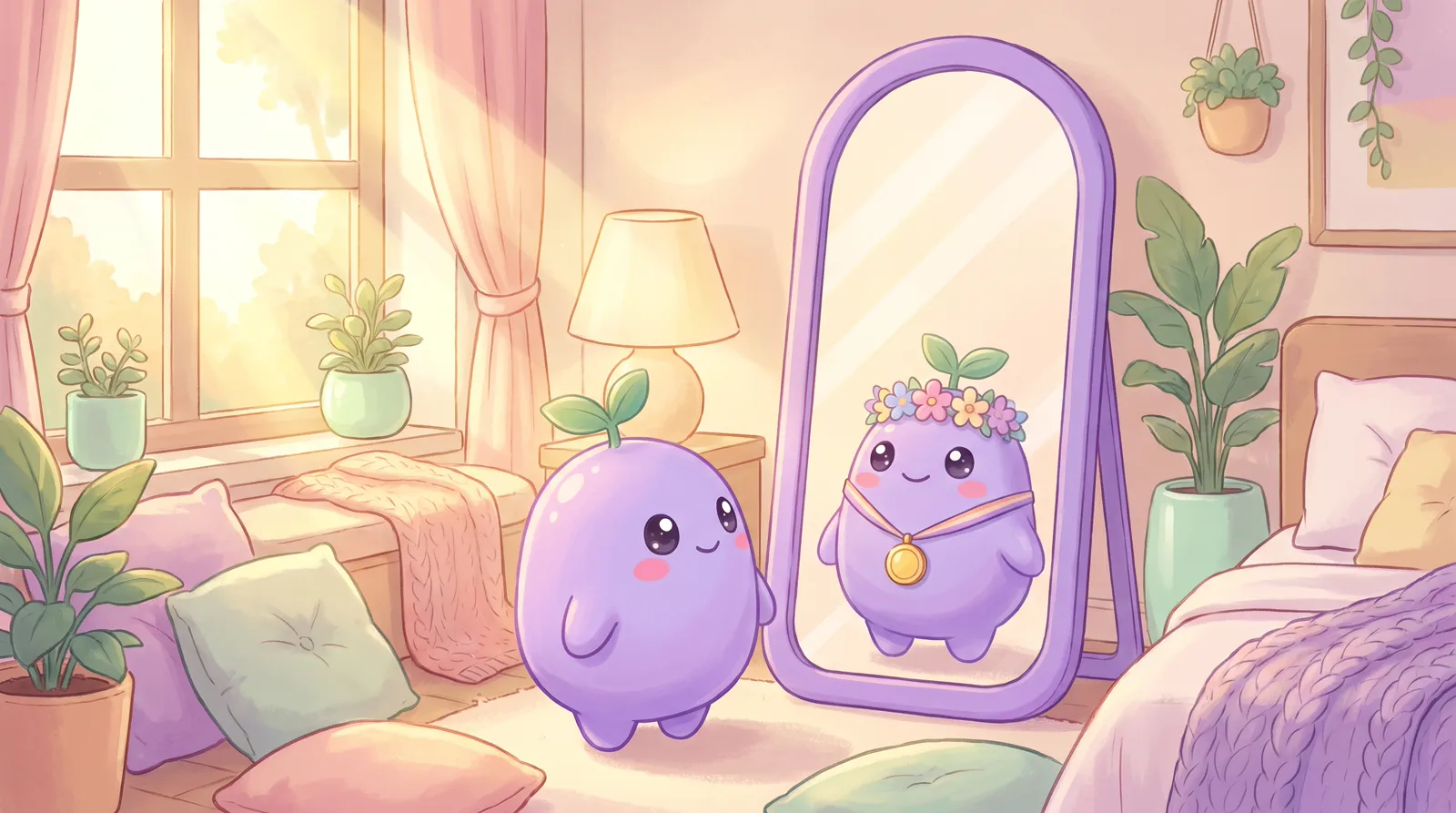 The dreamling in front of a standing mirror whose reflection already wears a flower crown and a medal