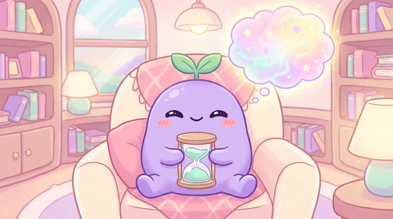 The dreamling sitting cross-legged holding a round sand timer, a glowing thought bubble above it