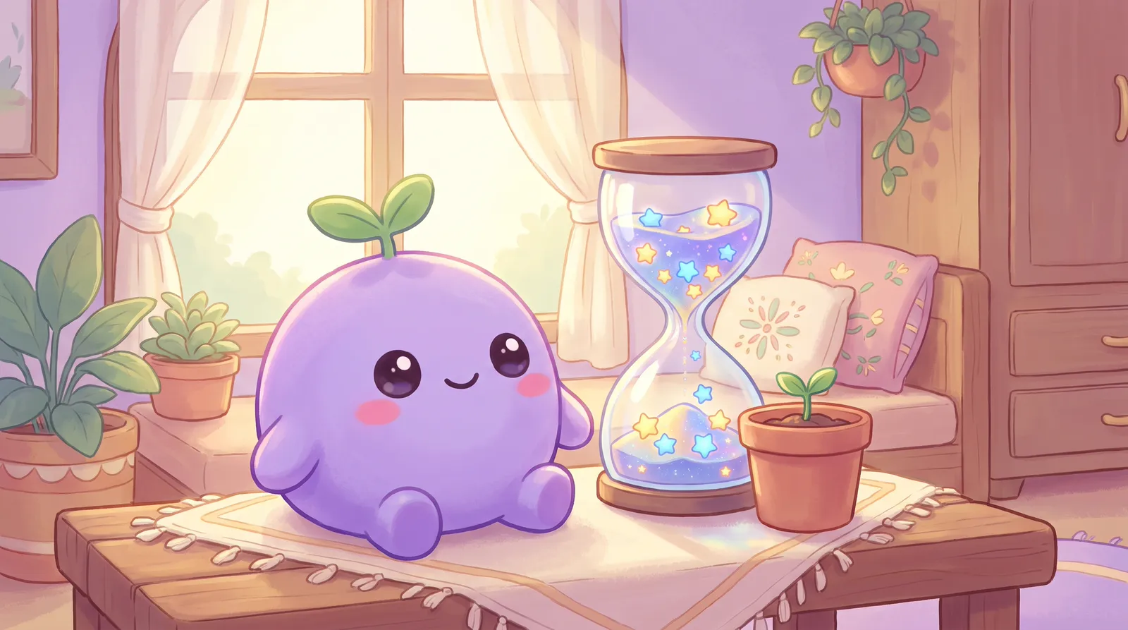 The dreamling beside a tall hourglass of glowing star-sand, watching a sprout grow in a pot