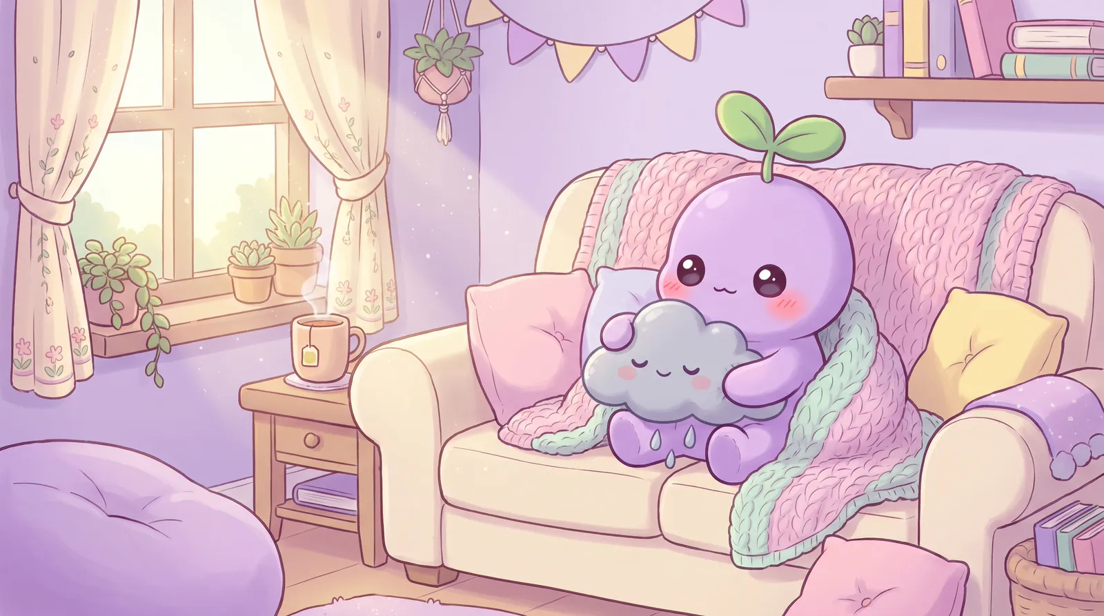 The dreamling on a sofa gently hugging a small grey rain cloud like a plush, with a cup of tea