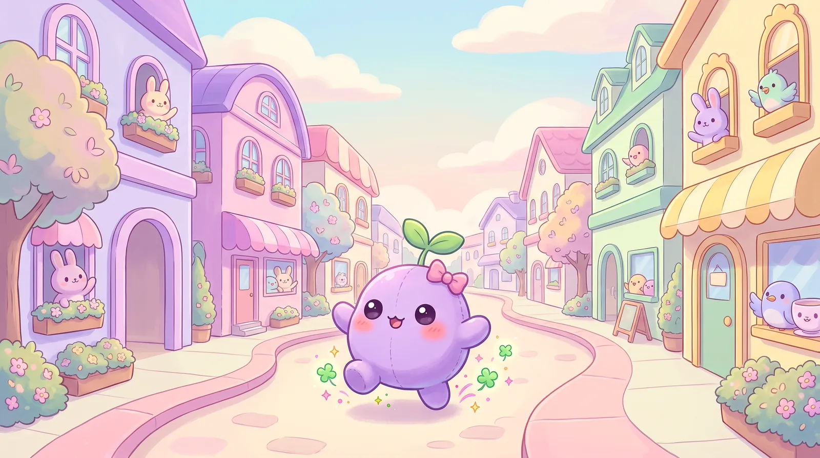 The dreamling skipping along a pastel street in a pink bow, clovers and sparkles popping up where it steps