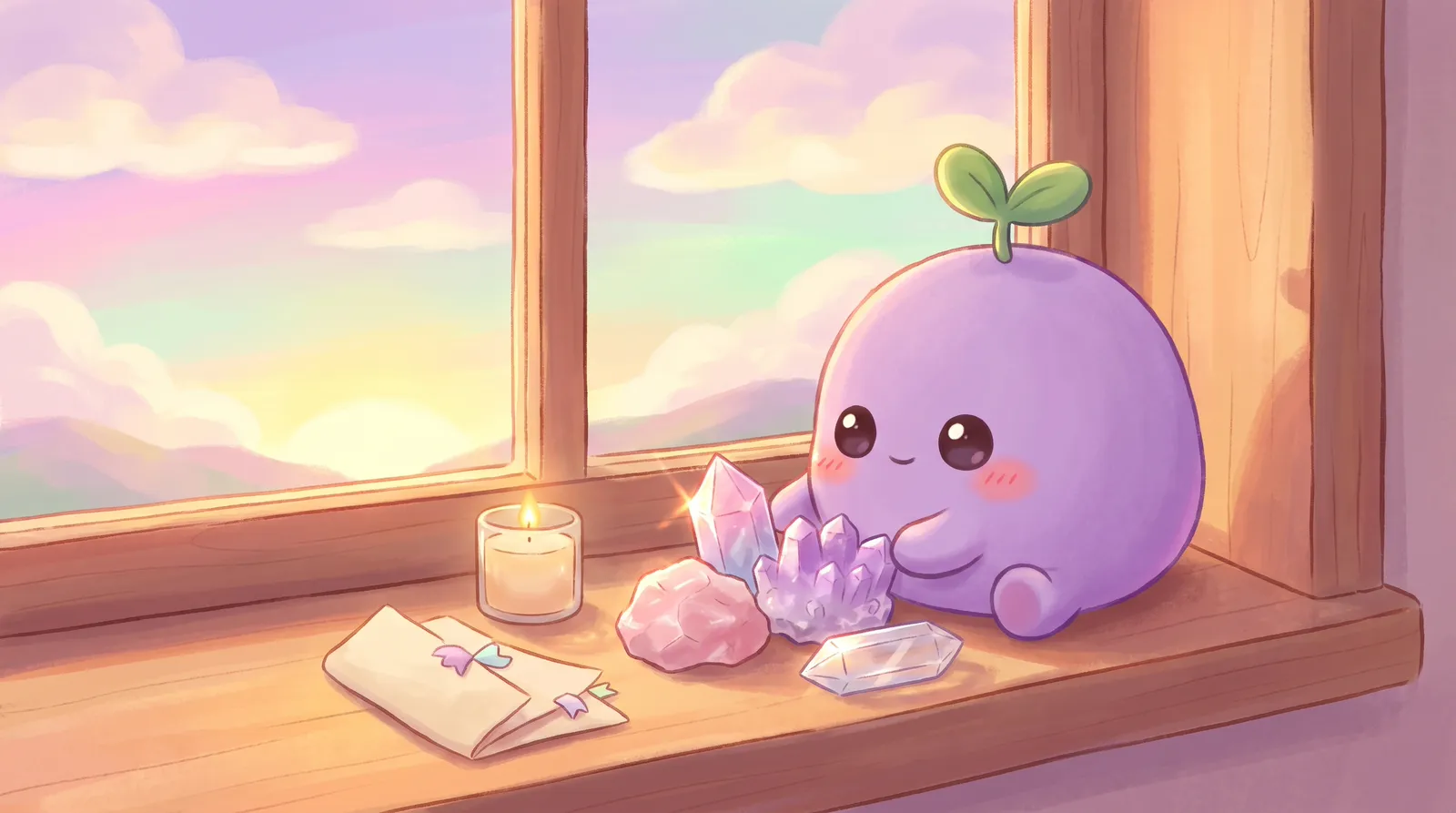 Pastel crystals, a small candle and a folded note on a windowsill at sunset, arranged by the dreamling