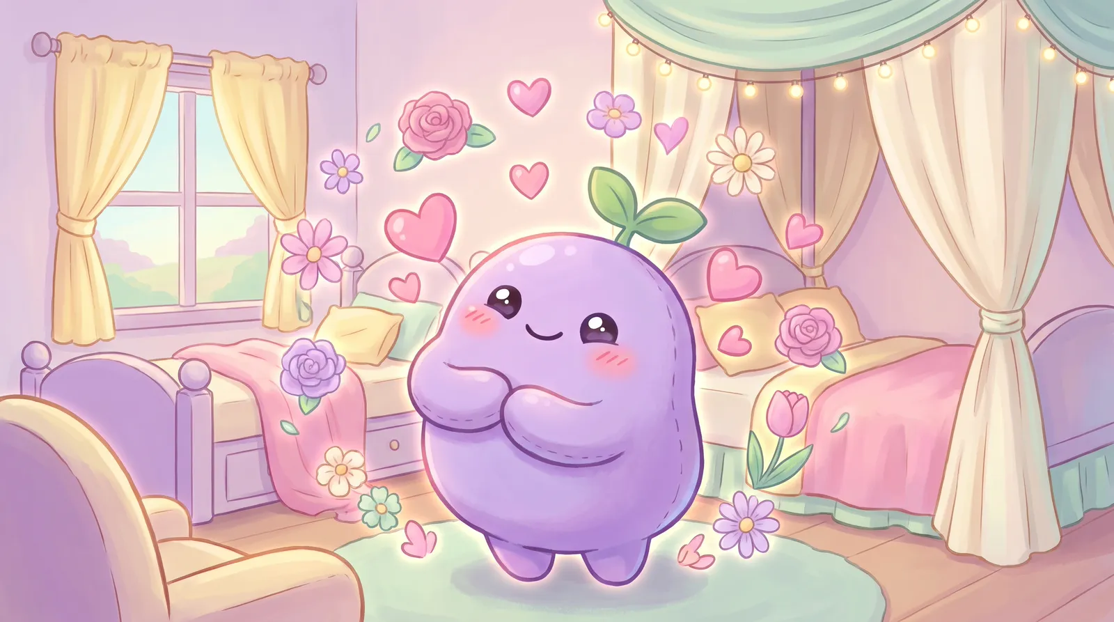 The dreamling hugging itself with a big smile, pink hearts and flowers floating around it