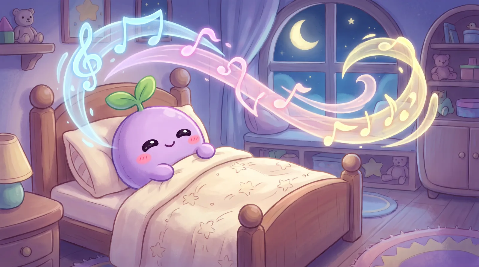 The dreamling tucked into bed under a star blanket, soft glowing ribbons drifting above like a lullaby