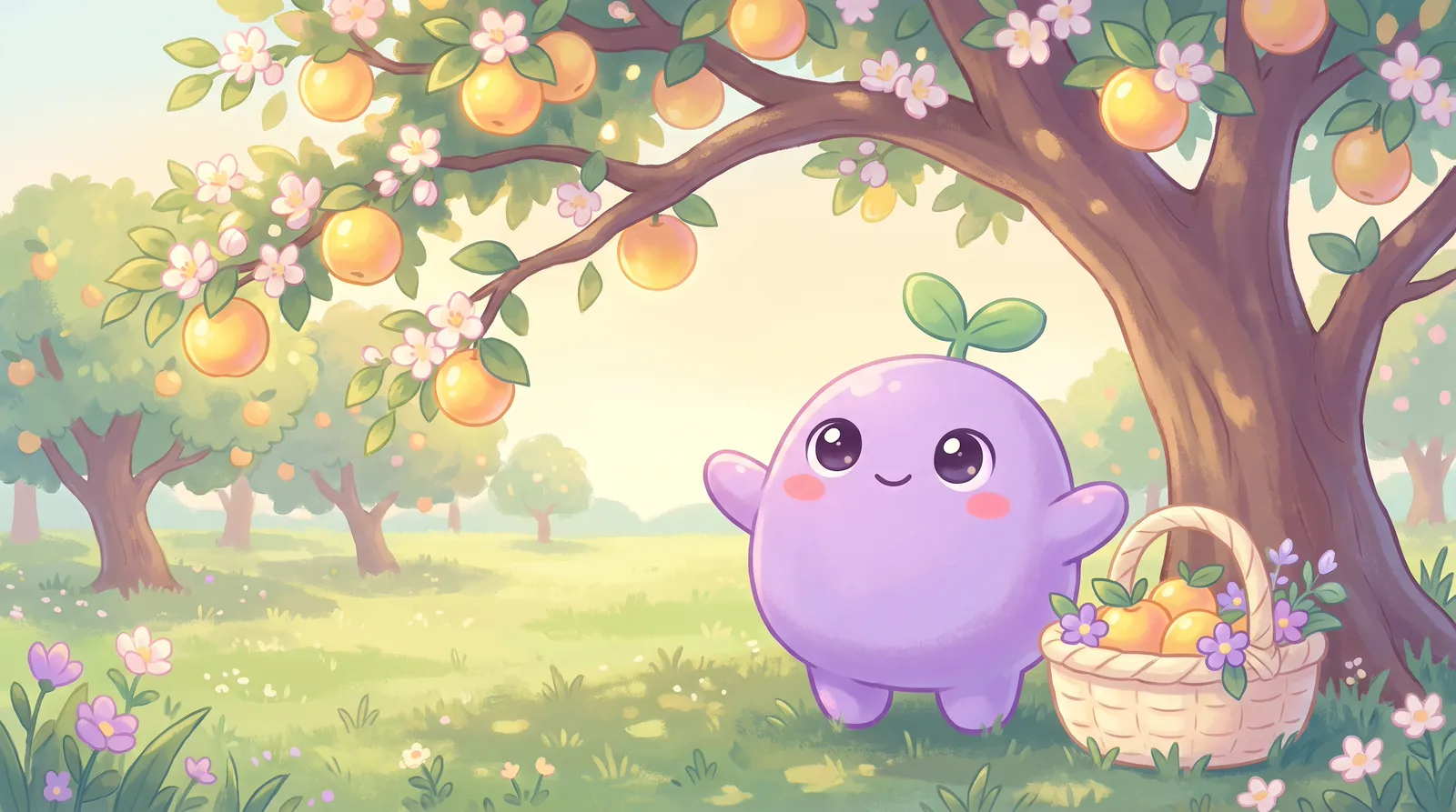 The dreamling under a tree full of glowing golden fruit, arms open, a basket of fruit and flowers beside it
