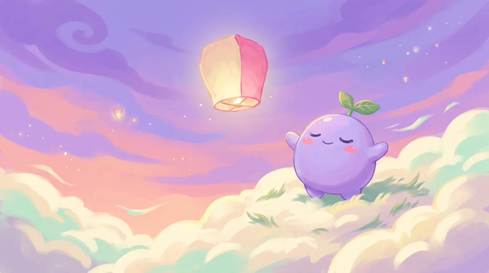 The dreamling releasing a glowing paper lantern into a twilight sky