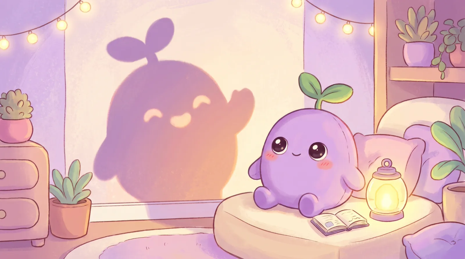 The dreamling with a journal and a lantern, its soft shadow on the wall waving back in a friendly way