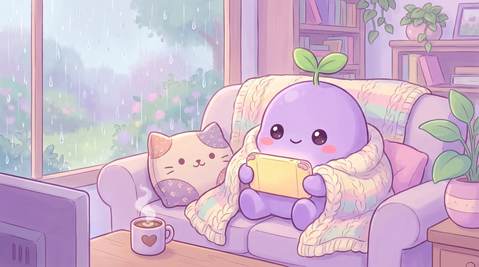 The dreamling curled up on a sofa under a knitted blanket playing a handheld game, cocoa and rain on the window