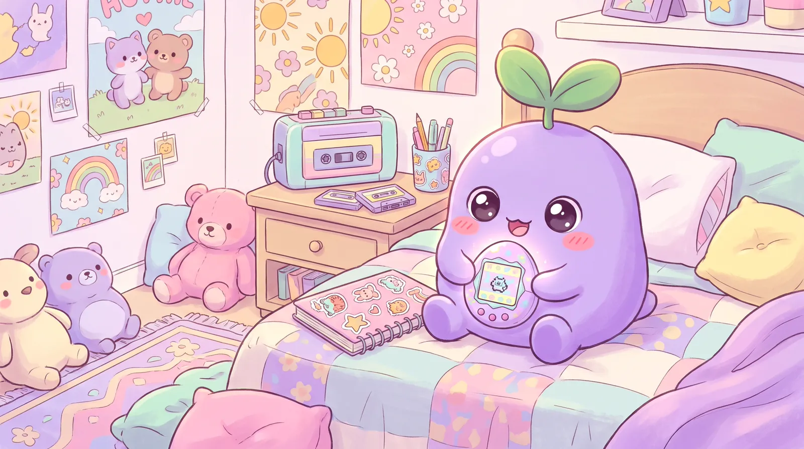 The dreamling on a bed with 1990s pastel posters, holding an egg-shaped retro virtual pet toy