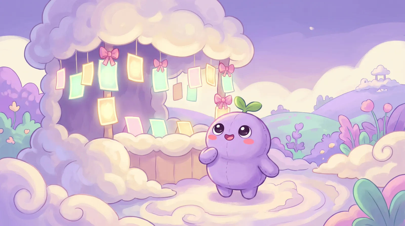 The dreamling at a little cloud market stall where glowing app cards hang like lanterns