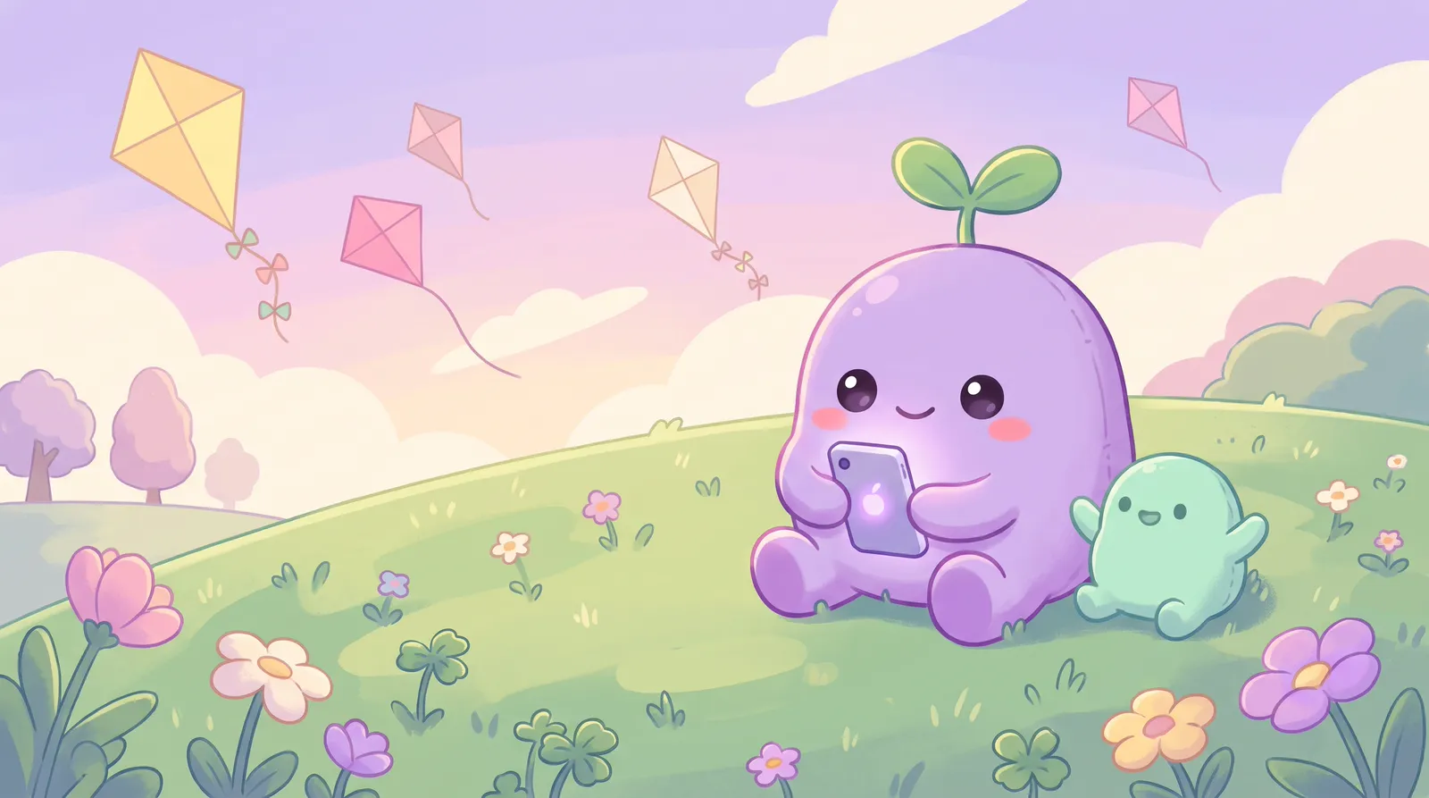 The dreamling on a grassy hill with a softly glowing phone and a small mint-green plush friend, kites in the sky