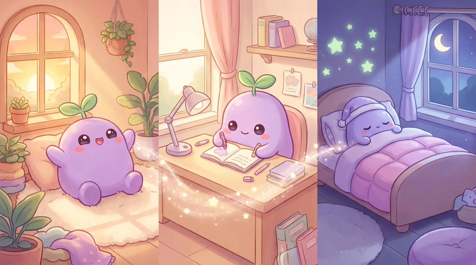 The dreamling across one day in a single room: stretching at sunrise, writing at a desk, resting under the moon