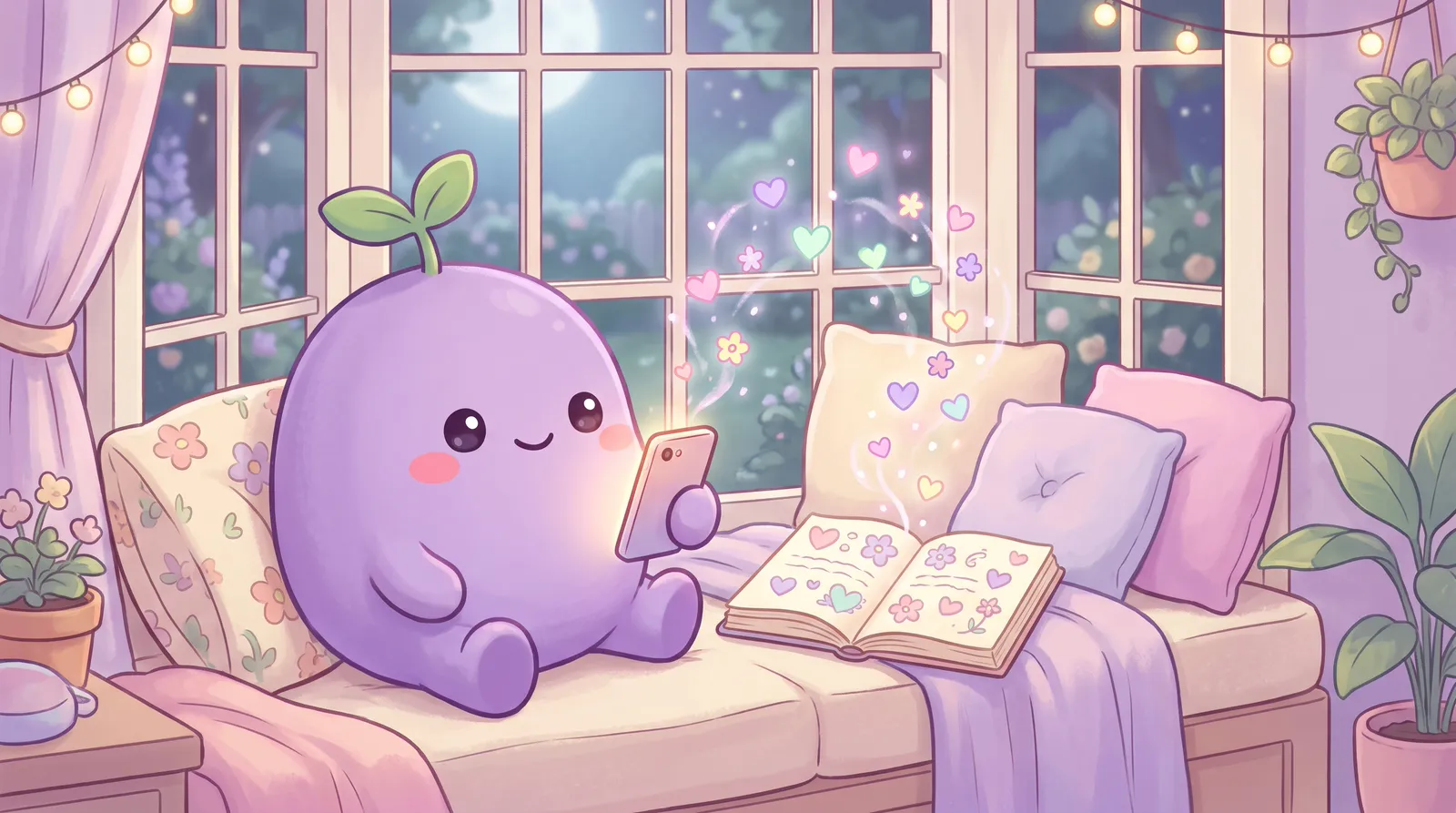 The dreamling in a window seat with a softly glowing phone and a paper gratitude journal, hearts floating up