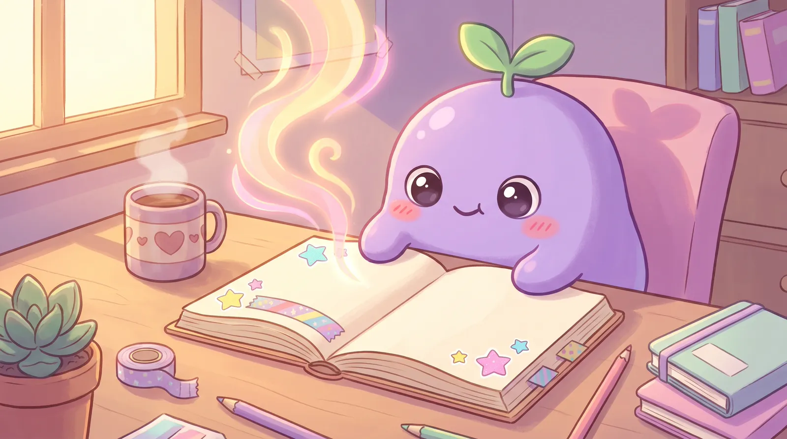 The dreamling writing in a journal decorated with star stickers at golden hour, ribbons of light rising from the page