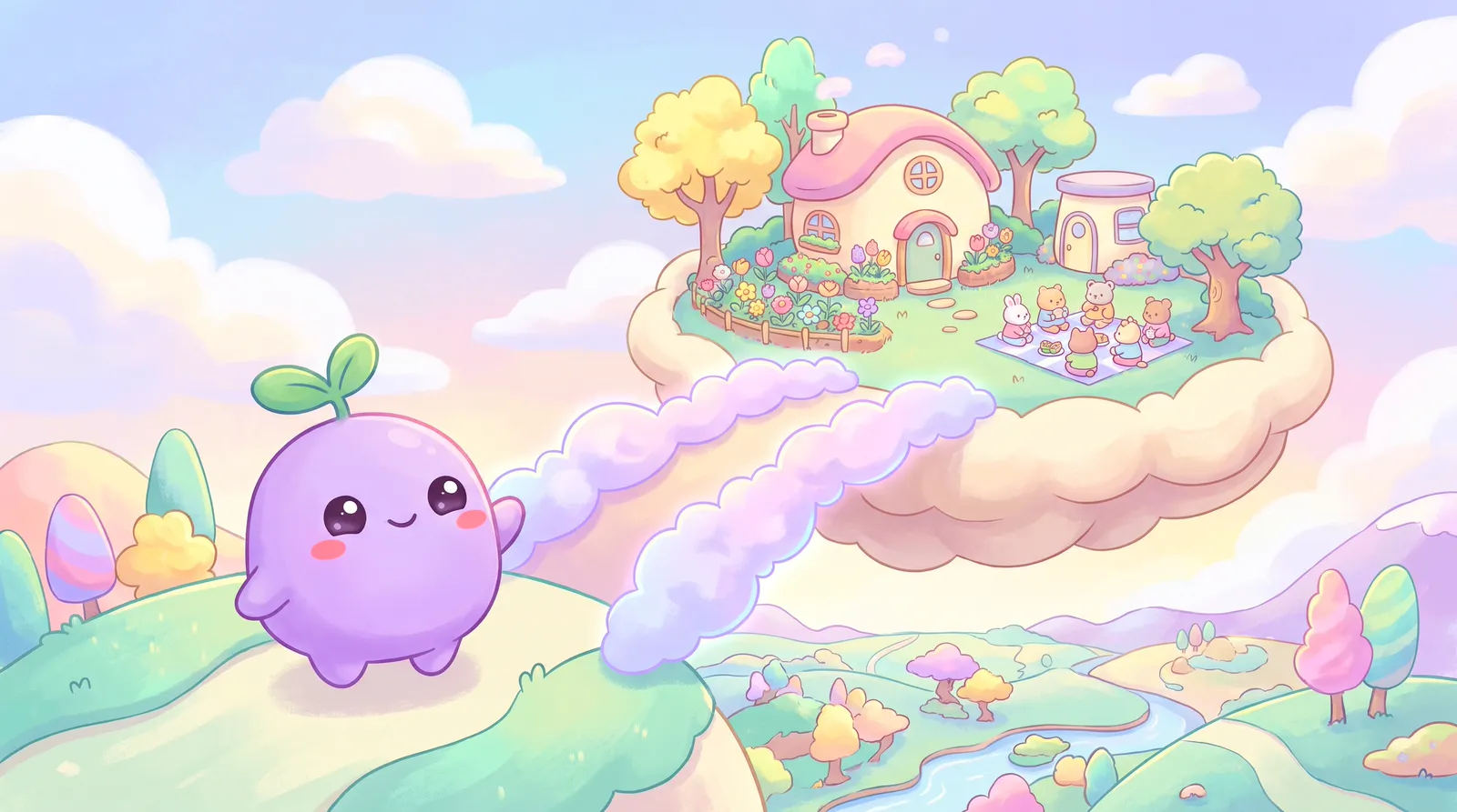 The dreamling on a hill looking at a floating island with a cozy house, a garden and friends, a bridge of clouds leading there