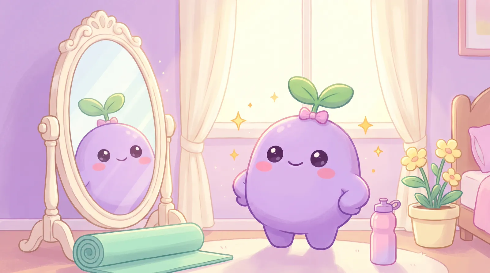 The dreamling standing proudly at a mirror in the morning with a tiny pink bow, a water bottle and a yoga mat nearby
