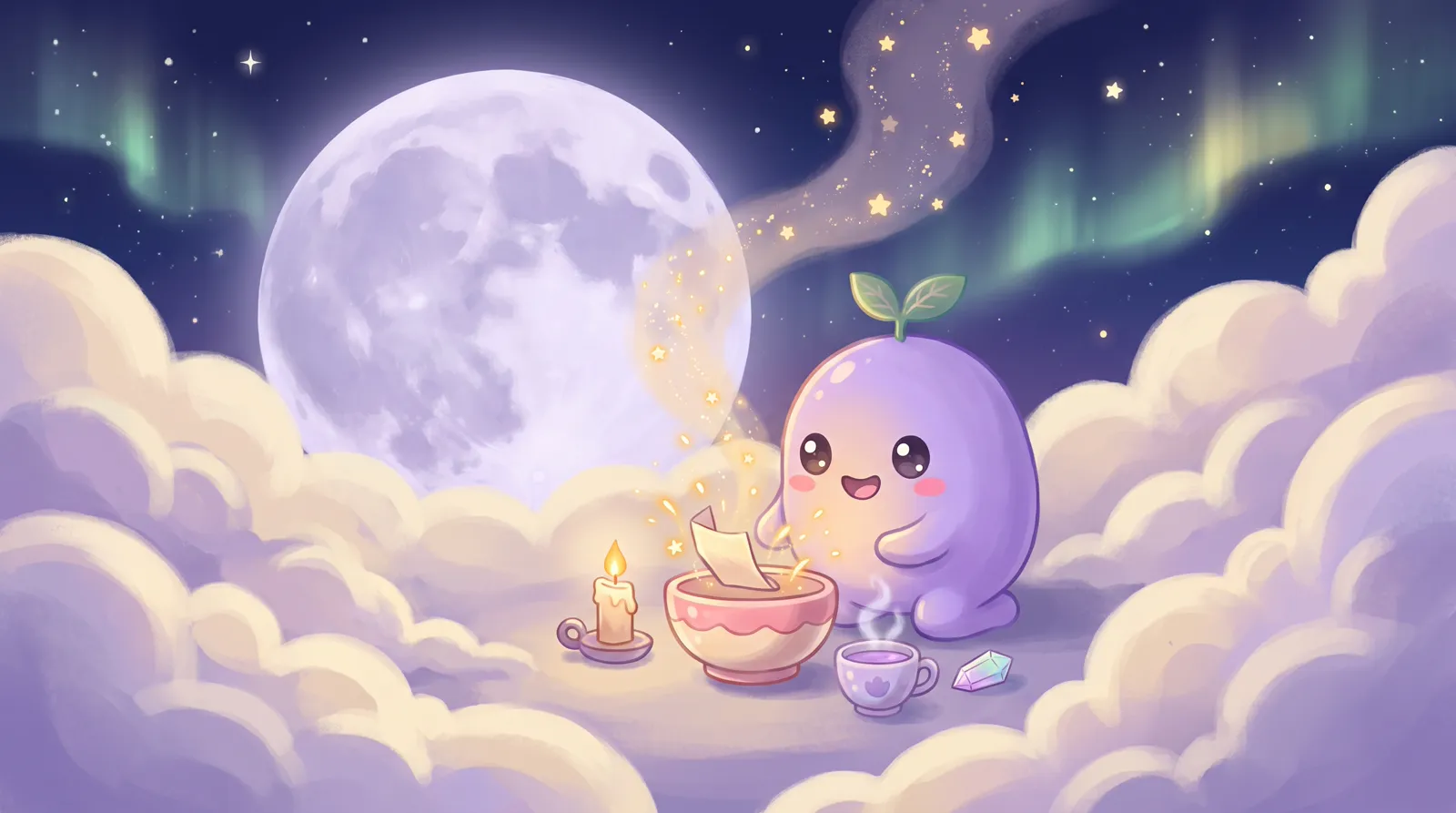The dreamling on a cloud balcony under a full moon as a slip of paper turns into golden sparks in a bowl